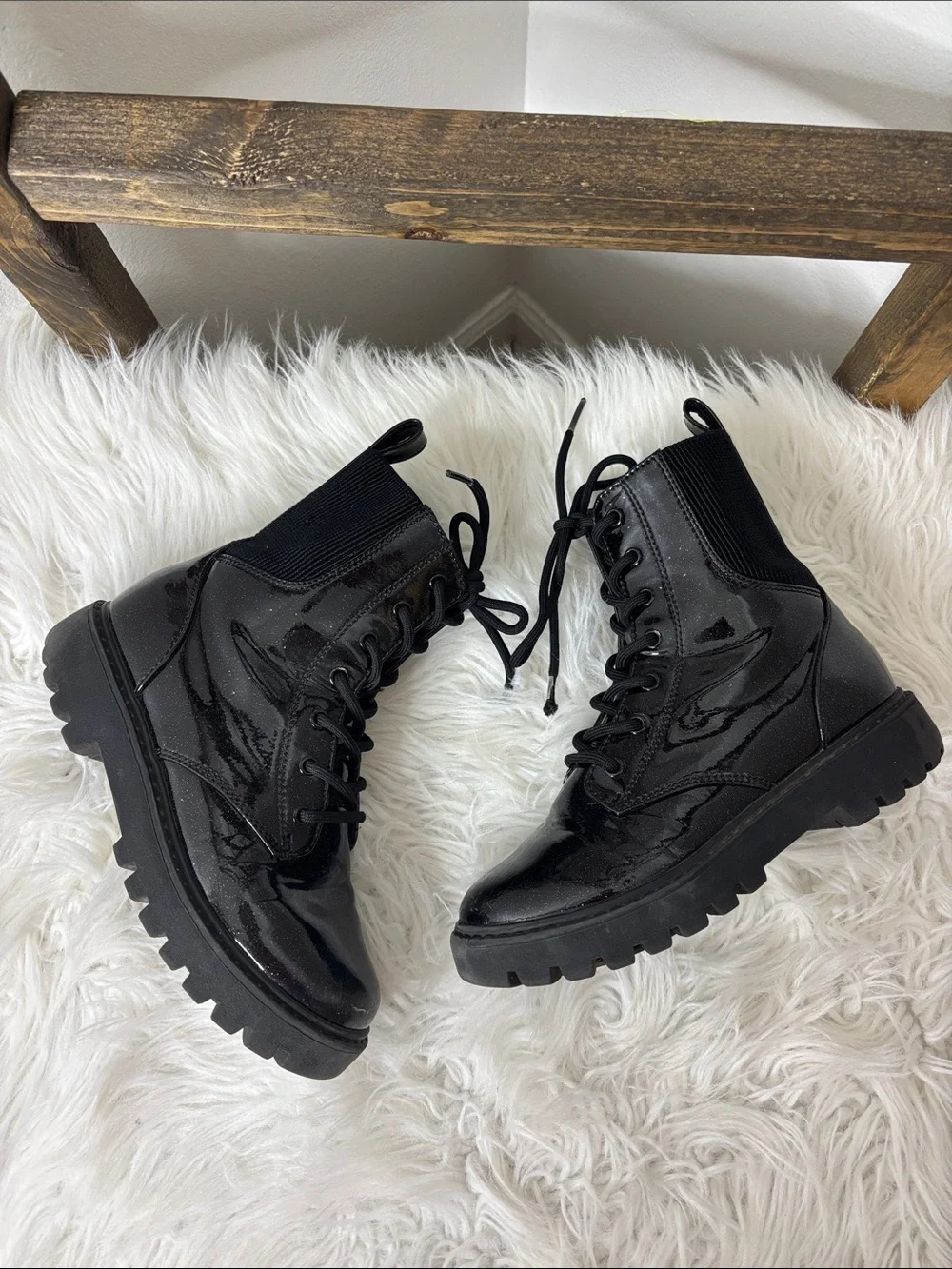 art class Black Patent Glitter Lace-Up Platform Boots Size 3